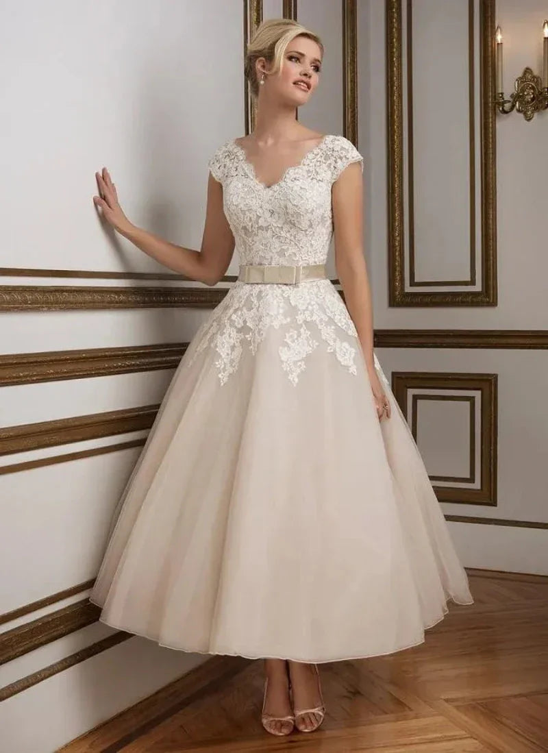 short retro wedding dresses Short Wedding Dress Vintage Lace Cap Sleeves Lisposa
