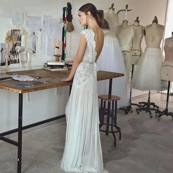 boho wedding dress no train Vintage Boho Wedding Dress Vintage A-Line Lace Wedding Dress V-Neck Beaded Sash Backless Bridal Gown Vintage Beaded Wedding Dress