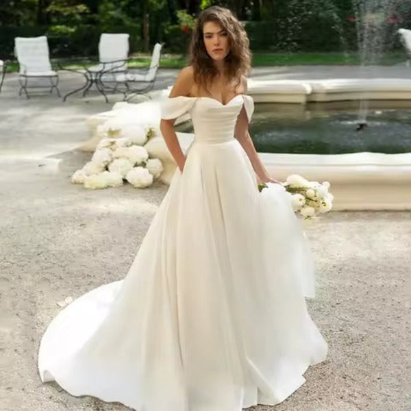 TAIGUHUI Robe De Mariée En Satin Profond, Bretelles Spaghetti, Décolleté V, Dos Zip, Blanche, Taille 42 – Sur Mesure Possible