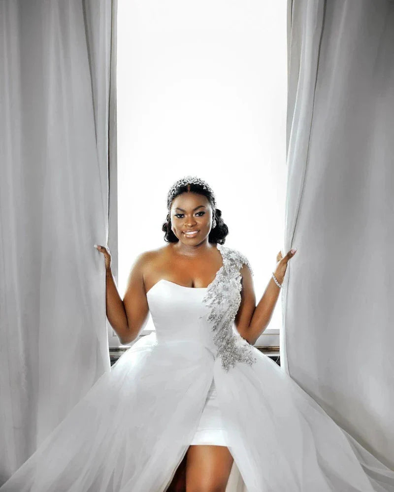 plus size short wedding dresses Short plus size wedding dress with high-low skirt