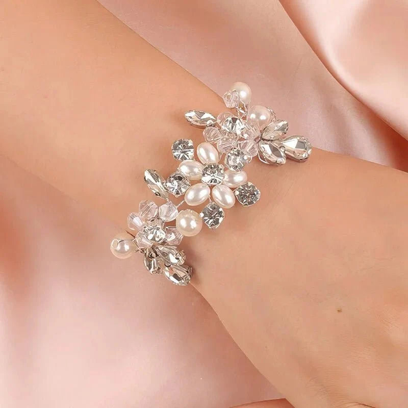 Bracelet mariage strass et perles Argent