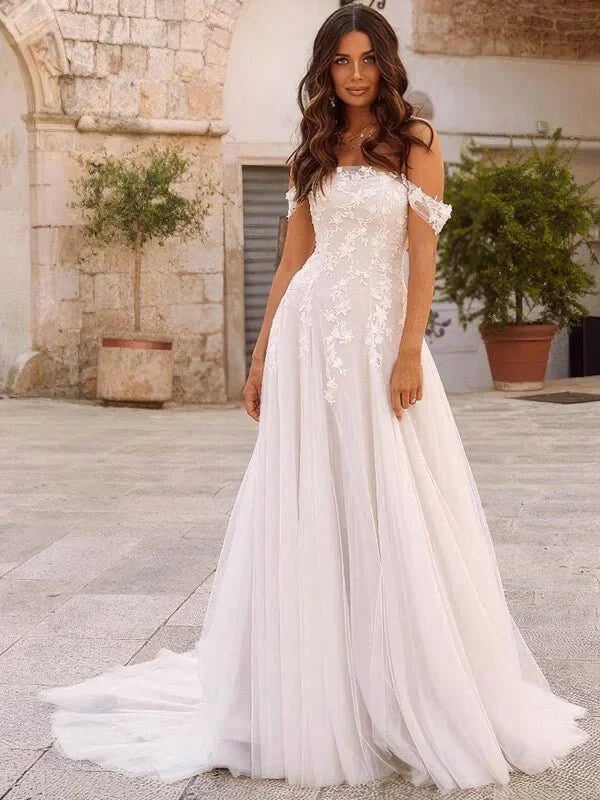 Robe de Mariée Champêtre avec Bretelles Tombantes